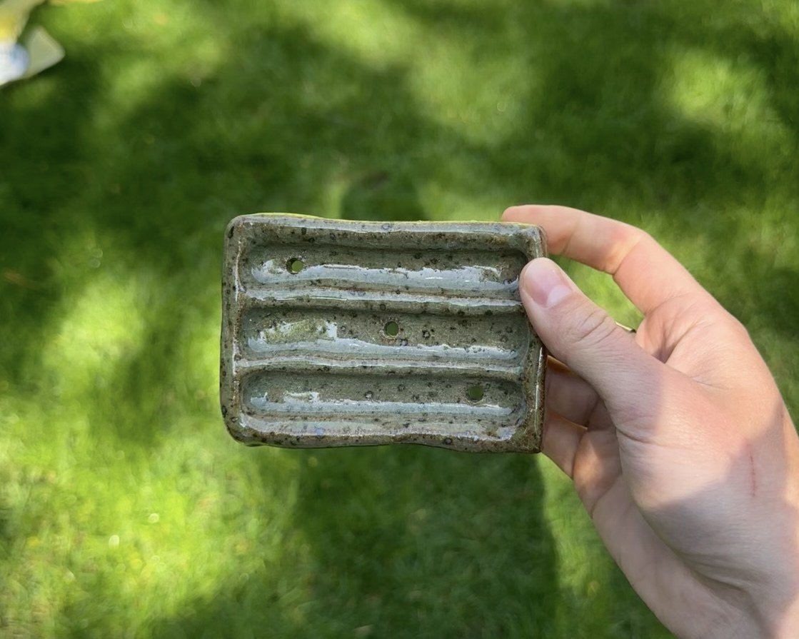 Ridged sage-glazed soap dish