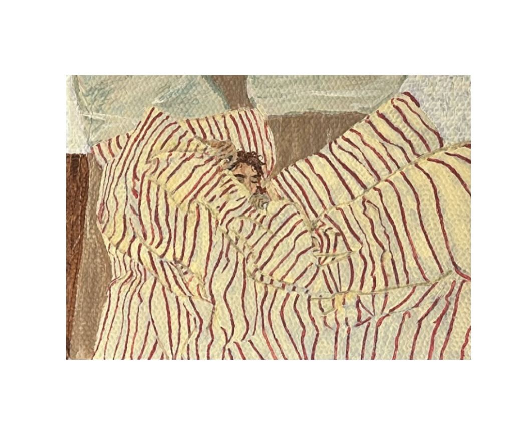 Painting of a figure under striped bedcovers
