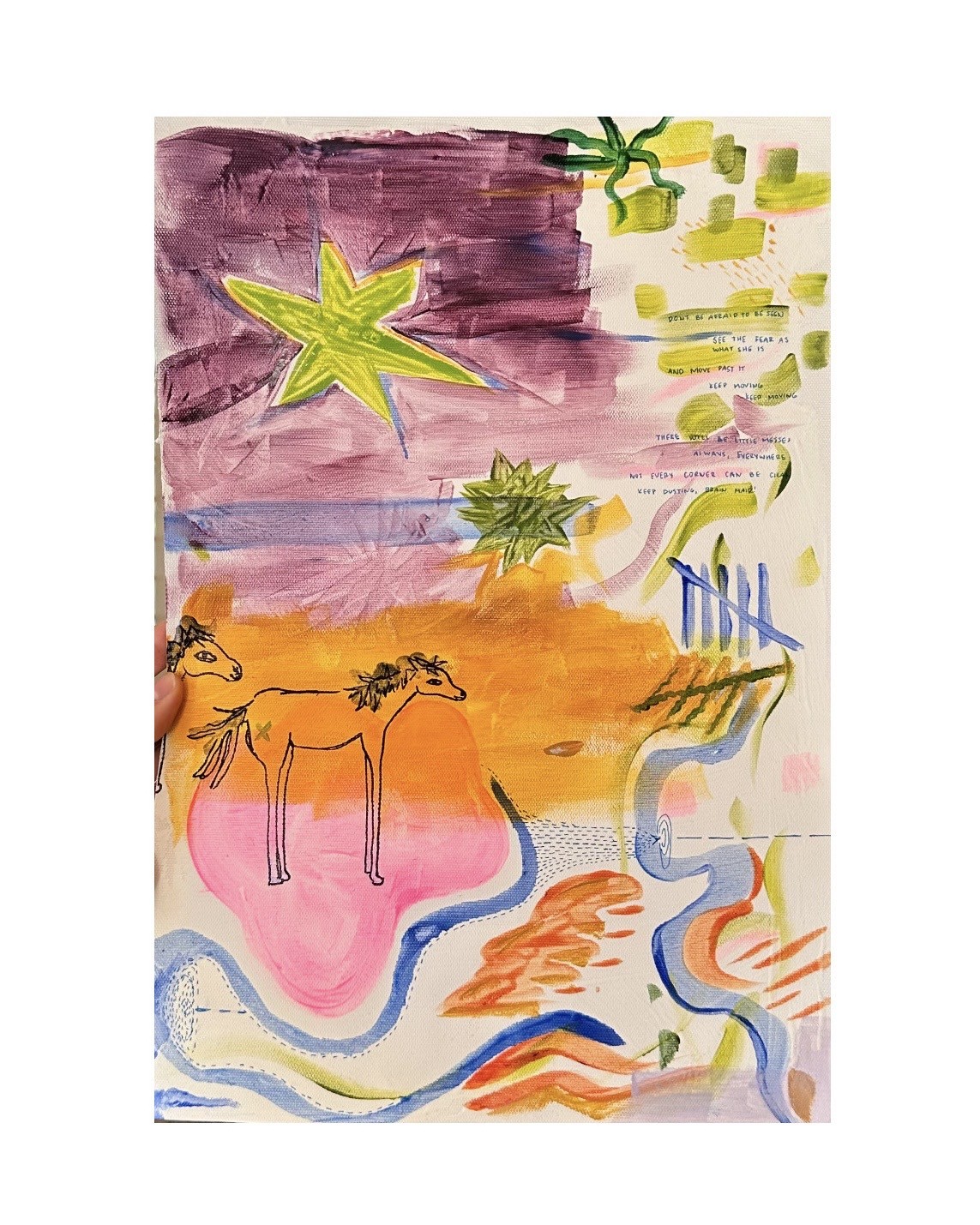 Mixed-media painting with two line-drawn horses, a star, and a river