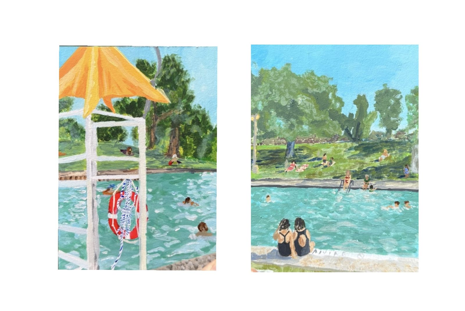 Two small watercolor paintings of a poolside scene