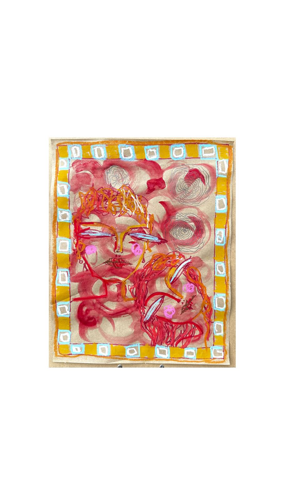Mixed-media portrait painting in red and orange