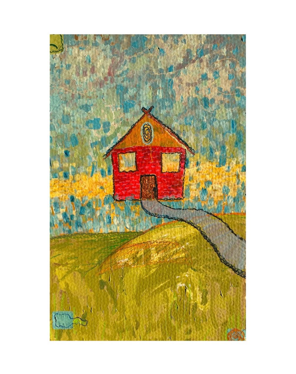 Textured painting of a small red house in a field